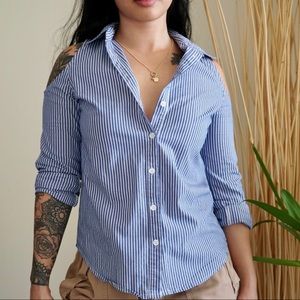 Striped button down blouse with shoulder slits